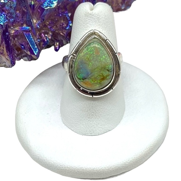 Monarch Fire Opal Ring Solid 925 Sterling Silver Size 7 Green Stone Aura Aurora - Picture 1 of 12